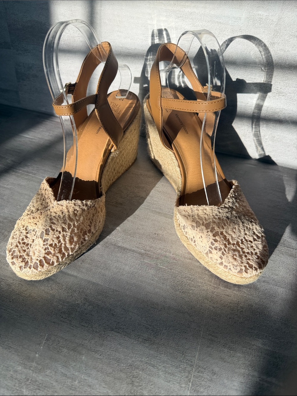 Time and Tru Cream Crochet Espadrille Wedges with Tan Ankle Strap